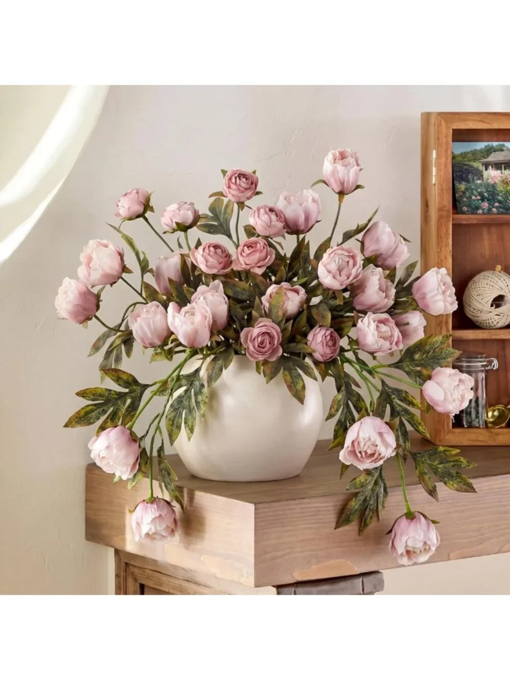 Elegant Faux Silk Peony Flowers - 8 Pcs Stem for Home Decor, Brownish Vases